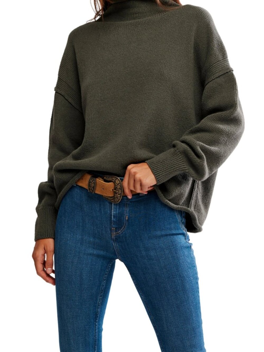 Free People x We The Free Torres Roll Funnel Neck Sweater in Army Olive Green